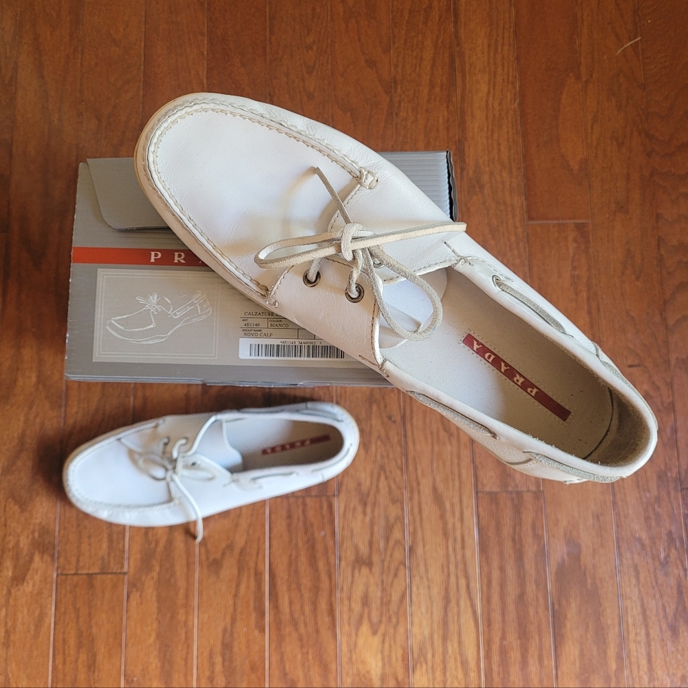Prada White Leather Boat Shoes